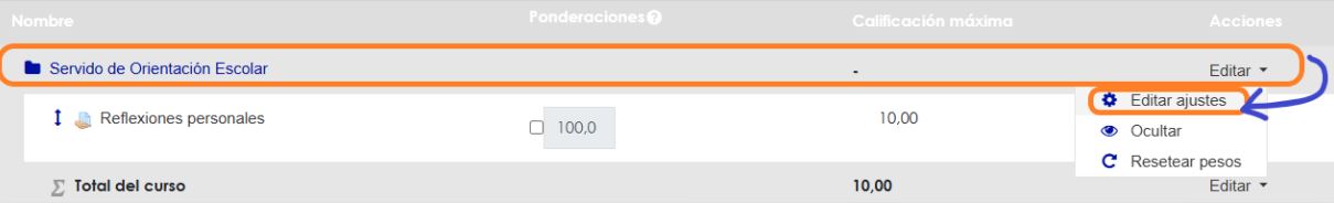 Menú Editar ajustes en el curso/categoría