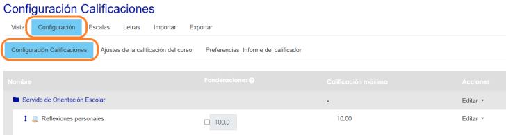 Sección Configuración de calificaciones