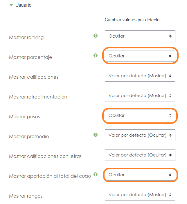Opciones para ocultar porcentaje, pesos y aportación