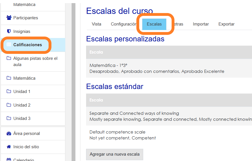 Pestaña Escalas con listado de escalas prediseñadas